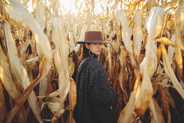 Красива стильна жінка в коричневому капелюсі і вінтажне пальто позує в осінньому кукурудзяному полі в теплому сонячному світлі. Модна молода хіпстерка, що стоїть в осінній кукурудзі в вечірній сільській місцевості
 - Фото, зображення