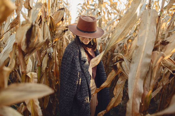 Портрет щасливої стильної жінки в коричневому капелюсі і вінтажному пальто, що йде в осінньому кукурудзяному полі під час заходу сонця. Модна молода хіпстерка в ретро вбрання, що стоїть в автономній кукурудзі
 - Фото, зображення