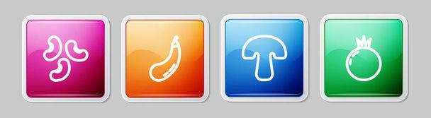 Set line Beans, Eggplant, Mushroom and Tomato. Colorful square button. Vector - Vector, imagen