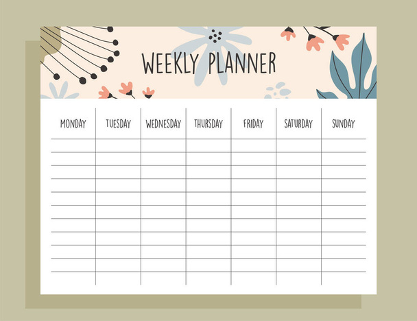 Tropical weekly planner template, with hand drawn illustrations - Vector, Image