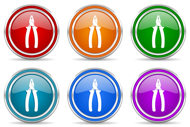 Alicates herramienta, equipo plata iconos brillantes metálicos, conjunto de botones de diseño moderno para aplicaciones web, Internet y móviles en 6 opciones de colores aislados sobre fondo blanco - Foto, Imagen