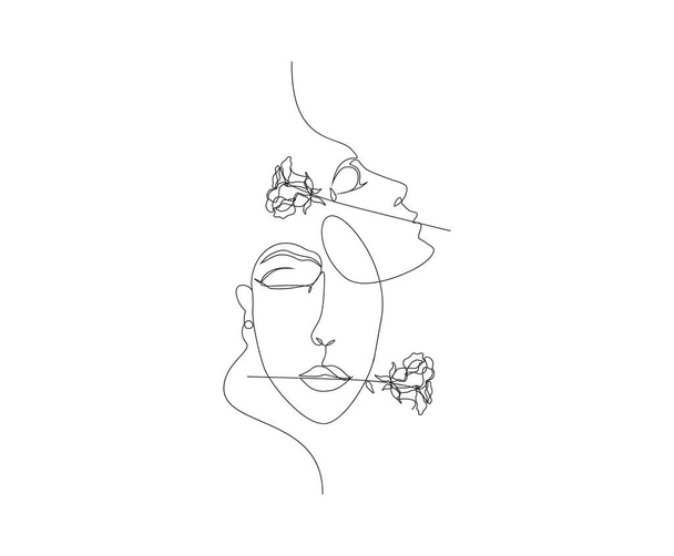 シュールな顔の連続的なライン、顔の描画とバラの花。一本の線画で女性の顔. - ベクター画像