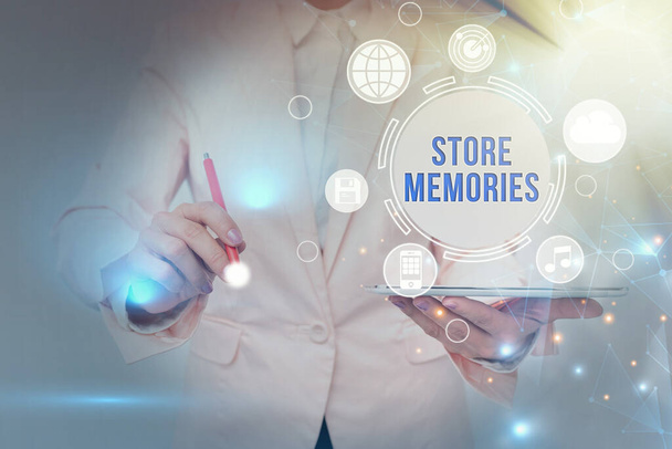 Handwriting text Store Memories. Business approach a process of inputting and storing data previously acquired Business Woman Touching Futuristic Virtual Display Holographic Interface. - Photo, Image