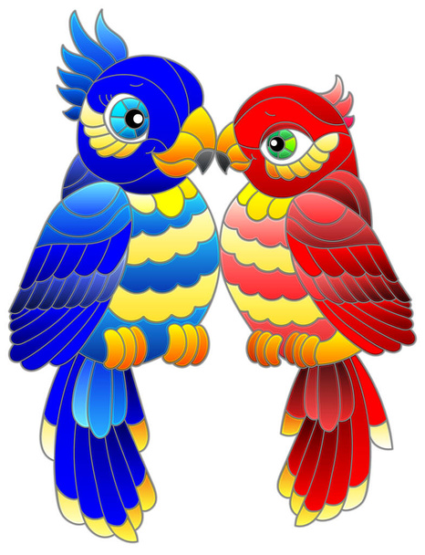 Un'illustrazione in vetro colorato con pappagalli colorati, uccelli isolati su uno sfondo bianco - Vettoriali, immagini