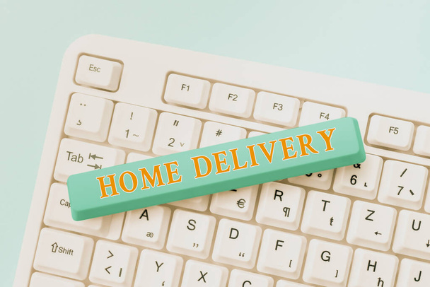 Conceptual caption Home Delivery. Word for All checkout items are directly sent to the buyer s is home Typing Character Background Story, Creating New Social Media Account - Foto, afbeelding