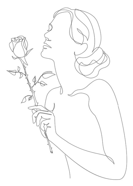 A menina tem uma flor de rosa na mão. Silhuetas em estilo moderno moderno com uma linha. Sólido contorno para decoração, cartazes, adesivos, logotipo. Ilustração vetorial. - Foto, Imagem
