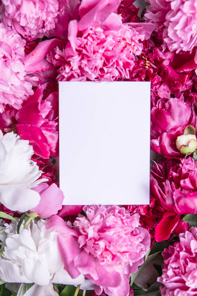 ピンクの牡丹グリーティングカード。新鮮な香りの牡丹の花、葉や紙は円をモックアップします。母の日、誕生日、コピースペース付きロマンチックなグリーティングカード、テキストのための場所. - 写真・画像