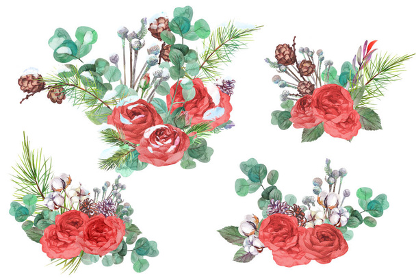 vesiväri kokoelma joulun talvi kukkakimppuja punaisia ruusuja ja lunta eristetty valkoisella taustalla - Valokuva, kuva