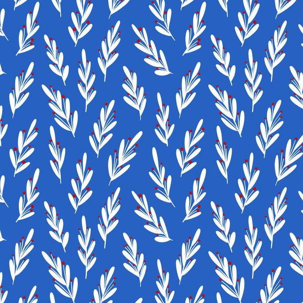 Hand-drawn seamless pattern of decorative branches of mistletoe white color on blue  background. Perfect for textile, prints, packaging, scrapbooking, wrapping paper, gift bags. Digital illustration - Photo, Image