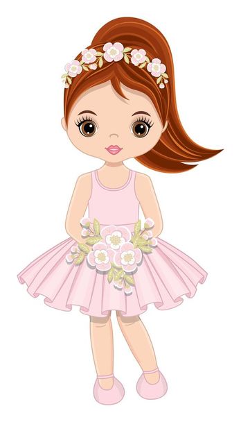 Cute Girl in Pastel Pink Dress with Flowers - Vector, Imagen