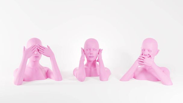 Mannequins féminins roses fermant la bouche, les yeux et les oreilles par les paumes. Ne voyez pas, n'entendez pas et ne parlez pas concept. Image rendue 3D. - Photo, image