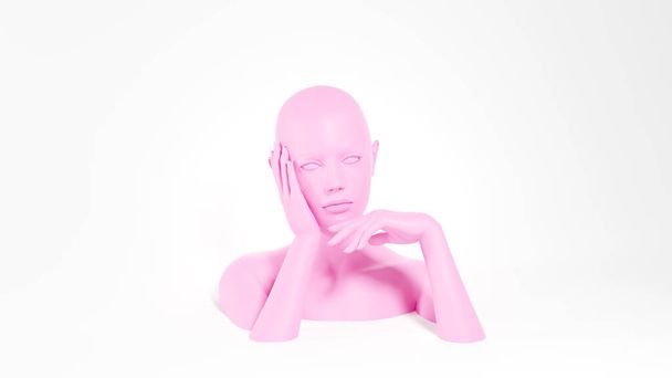 Bored pink female mannequin with hand under the head. Boredom concept. 3D rendered image. - Photo, Image