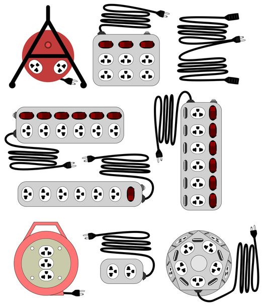 Various type of electrical socket and cord extender vector set - Vector, Image