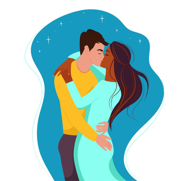 Coppia multirazziale, ragazzo bianco bacia una ragazza nera. Due amanti, illustrazione vettoriale in stile piatto, cartone animato - Vettoriali, immagini