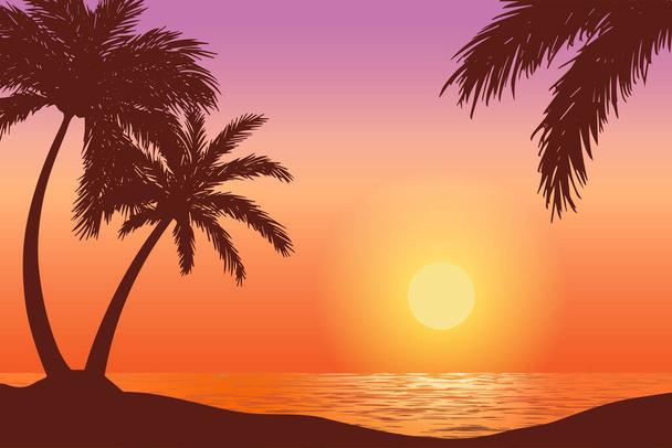 Tropikal plajda gün batımı vektör, palmiye ağacı silueti ile doğal manzara çizimi - Vektör, Görsel