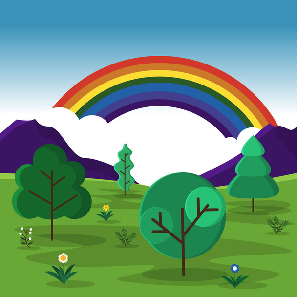 Krásná Rainbow Letní horská louka Příroda Krajina Ilustrace - Vektor, obrázek