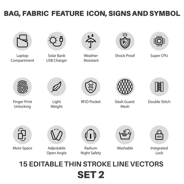 Taška a batoh textilie funkce ikona, taška na notebook výkon ikona a symboly pro tech tašky a tkaniny, Fabric Technology vlastnosti a textilní speciální funkce značky a symboly sada. - Vektor, obrázek
