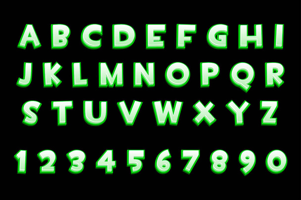 UIゲーム、テキストのための3D緑のネオンアルファベットと数字。図形インターフェイスのための文字と数字のベクトルイラストコレクション. - ベクター画像