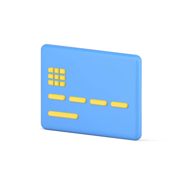Credit card 3d. Blue plastic rectangle with yellow code stripes and chip - Вектор,изображение