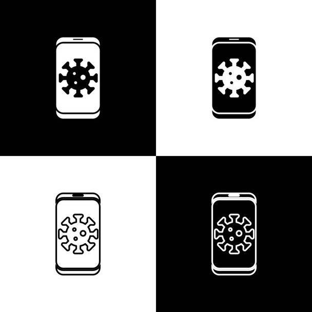 Állítsa be a vírus statisztikák mobil ikon elszigetelt fekete-fehér alapon. Corona vírus 2019-nCoV. Baktériumok és baktériumok, sejtrák, mikrobák, gombák. Vektor. - Vektor, kép