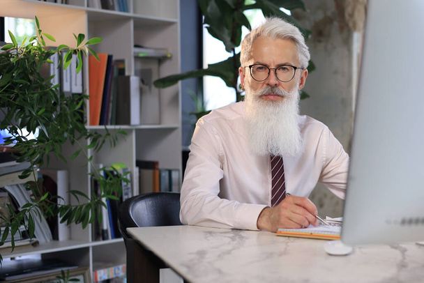 Senior businessman with a stylish beard working on computer at his office desk - 写真・画像