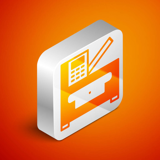Icono de máquina de copia de impresora multifunción Isométrica de Office aislado sobre fondo naranja. Botón cuadrado plateado. Vector - Vector, imagen