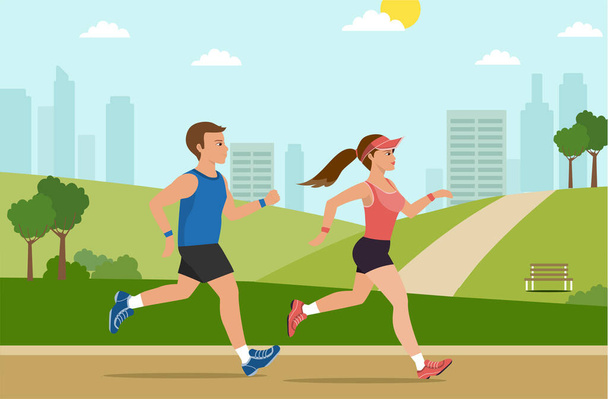 Man and women in park green landscape,jogging outdoor sport workout , Healthy, lifestyle,vector illustration - Vector, Image