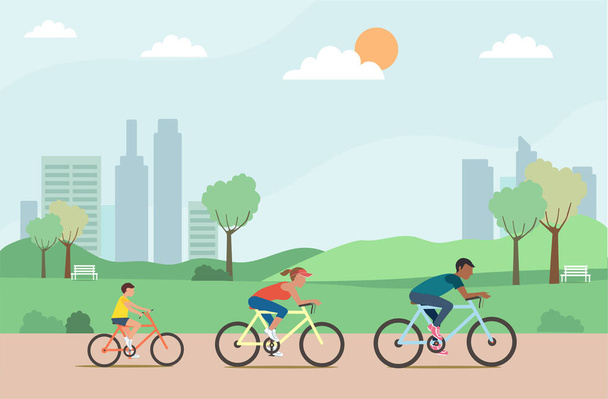 Familia activa montando en bicicleta en el parque, ilustración vectorial. - Vector, Imagen