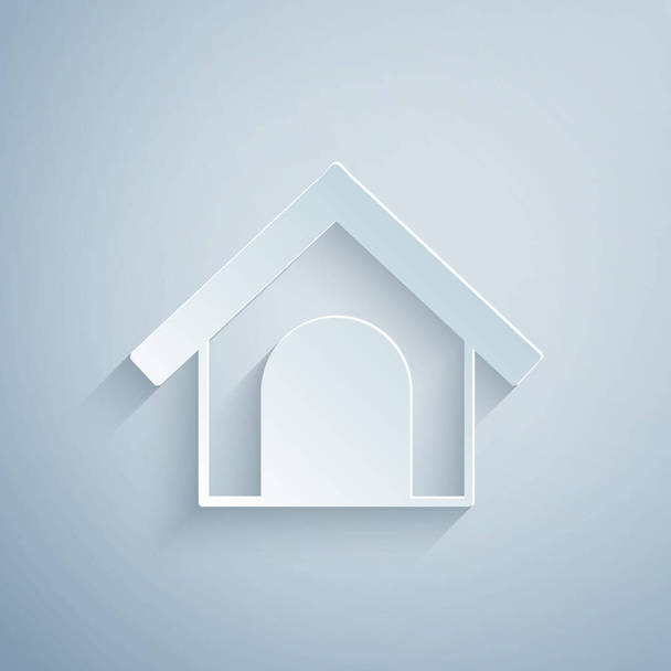 Paper cut Dog house icon isolated on grey background. Dog kennel. Paper art style. Vector - Vector, Image