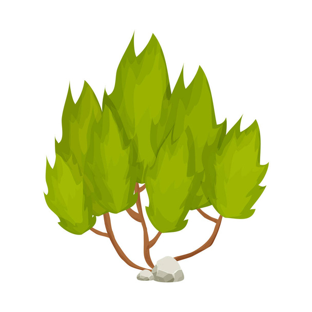 Floresta arbusto verde, tronco curvo e folhagem, pilha de pedra em estilo cartoon isolado no fundo branco. Elemento natural, objeto paisagem - Vetor, Imagem