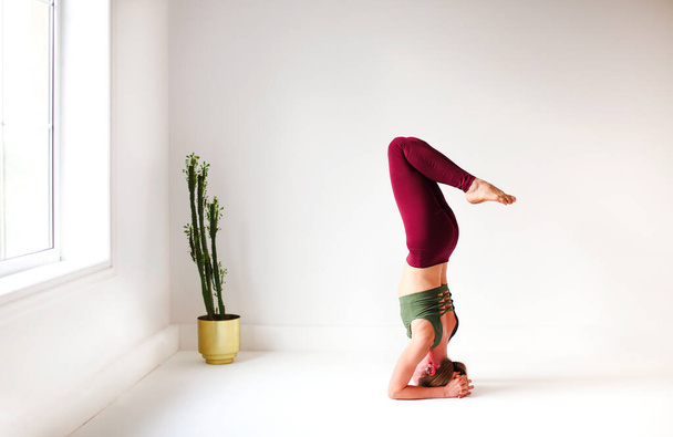 Full body of focused slim female female performing handstand near wall while practicing yoga in light room - Valokuva, kuva