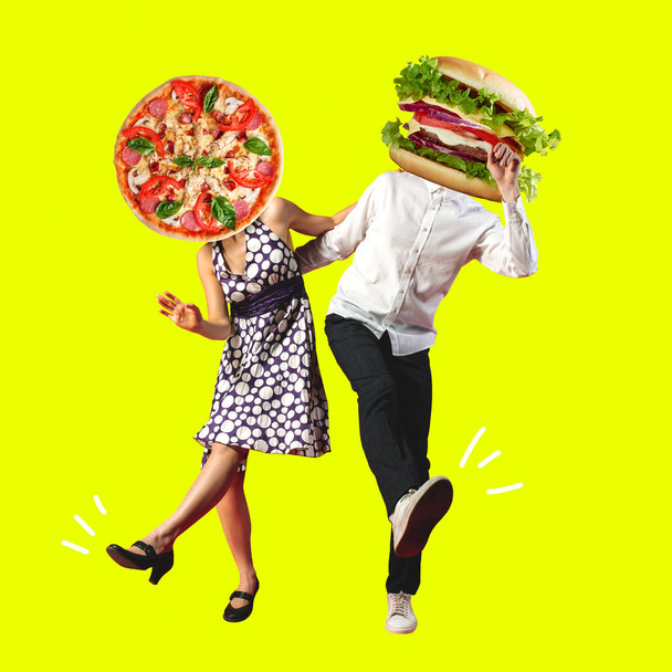 Contemporary art collage, modern design. Retro style. Couple of dancers headed with pizza and burger insted heads on yellow background - Фото, зображення