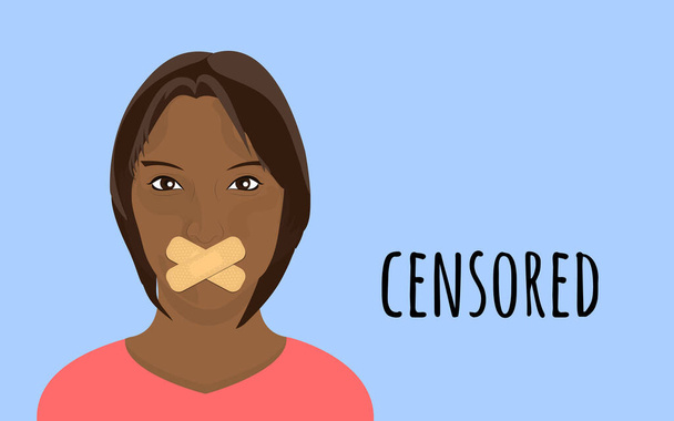 Young person with mouth sealed with crossed sticking plasters. Censorship concept. - Vector, Image