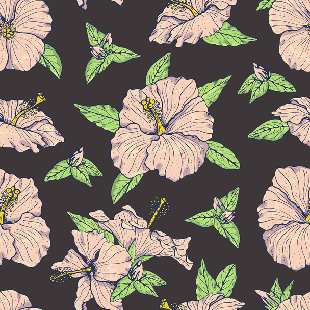Vintage seamless pattern with line art pink hibiscus flowers, buds and leaves, with dark outline. On beown background. - Vektor, obrázek