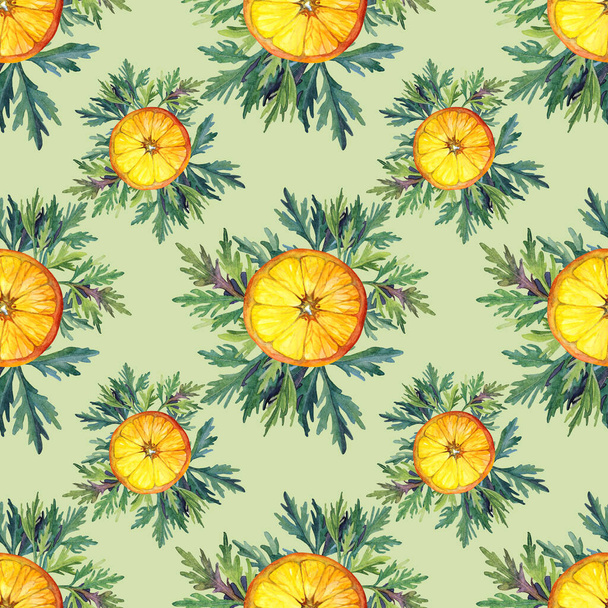 Seamless pattern watercolor citrus fruit slice of orange and greenery leaves on green. Hand-drawn fresh summer food. Creative background for menu, textile, invite, wrapping, card, wallpaper - Foto, Imagen