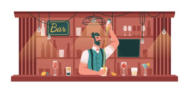 Baarimikko tekee cocktaileja ja juomia baarissa - Vektori, kuva