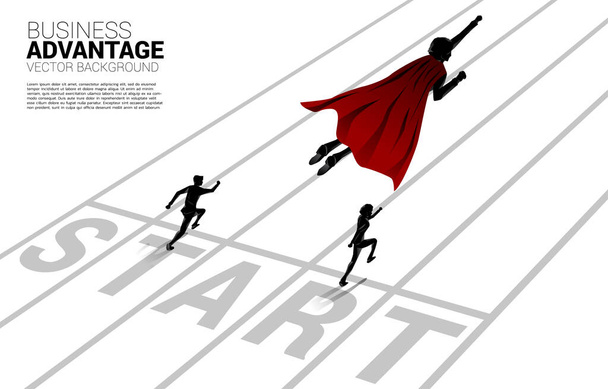 Silhouette of superhero flying over runner on track. Concept of boost and growth in business. - Vector, Image