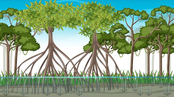 Přírodní scéna s mangrovovým lesem ve dne v kresleném stylu ilustrace - Vektor, obrázek
