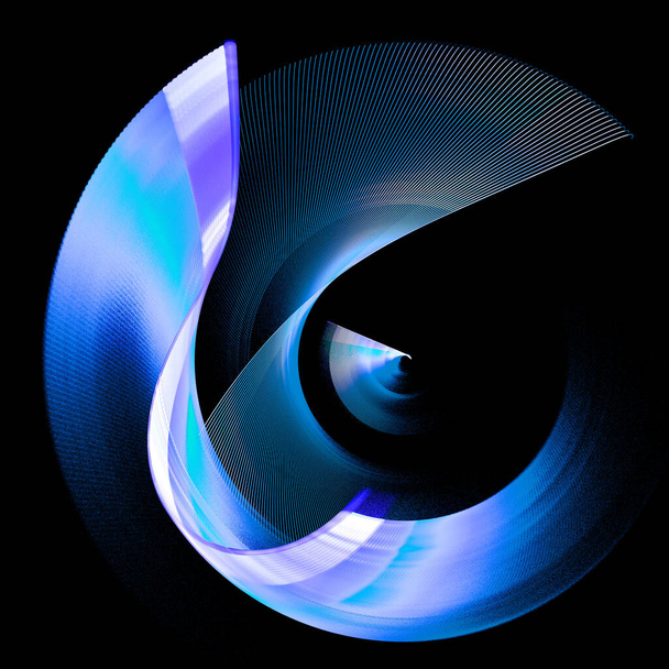 Rotation of blue striped wavy elements around the center on a black background. Graphic design element. Logo, symbol, sign, icon. 3d rendering. 3d illustration. - Fotó, kép