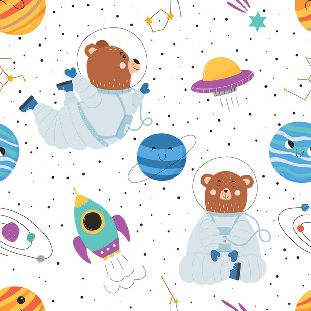 Nahtloses Muster mit niedlichem Bären im Raumanzug, Raumschiff, UFO, Planeten und Sternen. Ideal für Krippe und Kinder. - Vektor, Bild