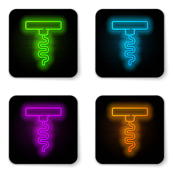 Glowing neon line Wine corkscrew icon isolated on white background. Black square button. Vector - Vector, Image