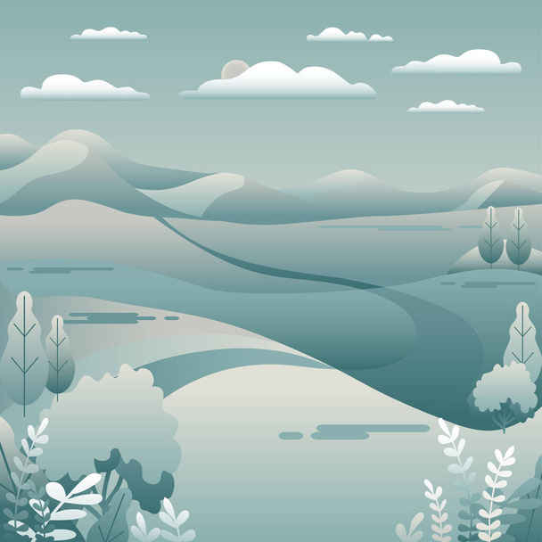 Heuvels, bergen landschap in vlakke stijl design. Weg in de heuvels, lucht, wolken. Minimale landelijke buitenlocatie met vallei, bomen. Grijs blauw pastel kleuren verloop. Cartoon achtergrond vector illustra - Vector, afbeelding