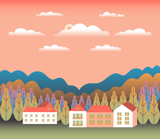 最小限の風景村、山、丘、木、森。田舎の谷のシーン。家と農場の田舎、フラットスタイルのデザインで建物。赤緑のパステルグラデーションの色。漫画の背景ベクトル - ベクター画像