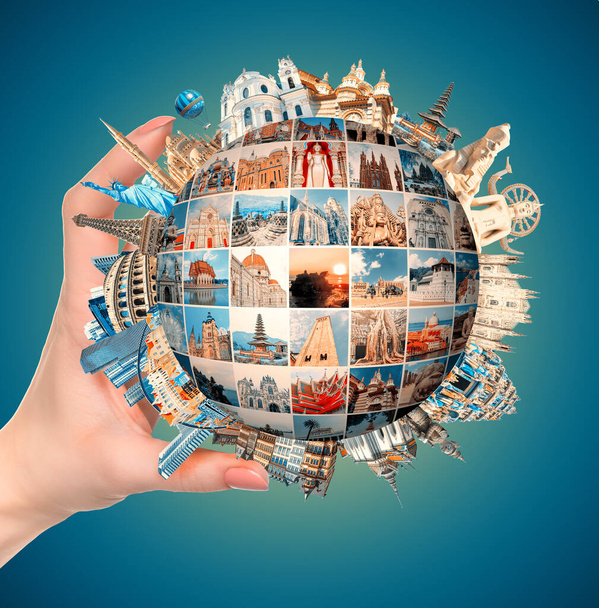 World religious and architecture monuments - collage from female hand and globe from different religions from Bali, Thailand, Cambodia at Asia and Florens, Spain, Santorini, Venice in Europe. - Photo, Image