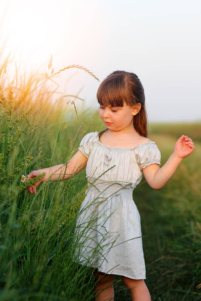 happiness concept little happy girl near green field - Φωτογραφία, εικόνα