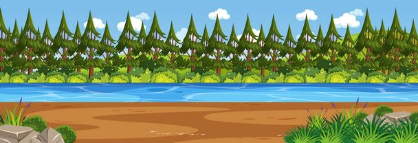 Panorama paesaggio scena con fiume attraverso la foresta illustrazione - Vettoriali, immagini