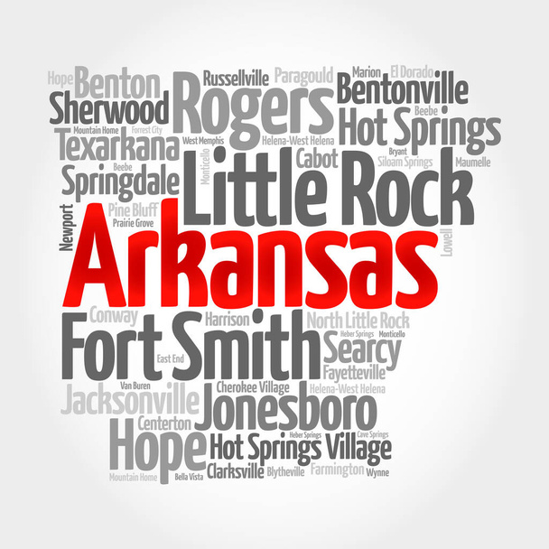 Seznam měst v Arkansasu Spojené státy americké, mapa silueta slovo oblak, mapa koncept pozadí - Fotografie, Obrázek