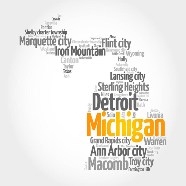 Lista di città in Michigan Stati Uniti d America, mappa silhouette parola nube, mappa concetto sfondo - Foto, immagini