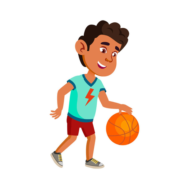 Boy Child Playing Basketball On Playground Vector. Happy Hispanic Kid Athlete Play Basketball Game With Ball. Character Preteen Player Training Sport Activity Flat Cartoon Illustration - Vector, Image