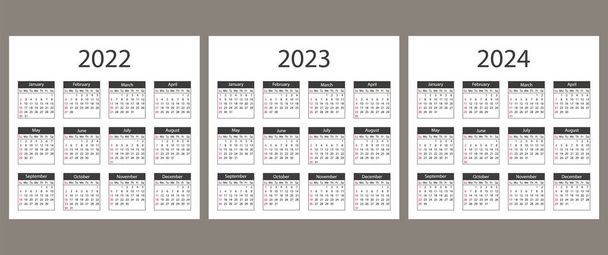 Календар на 2022 рік, 2023, 2024 роки. Тиждень починається з неділі
. - Вектор, зображення
